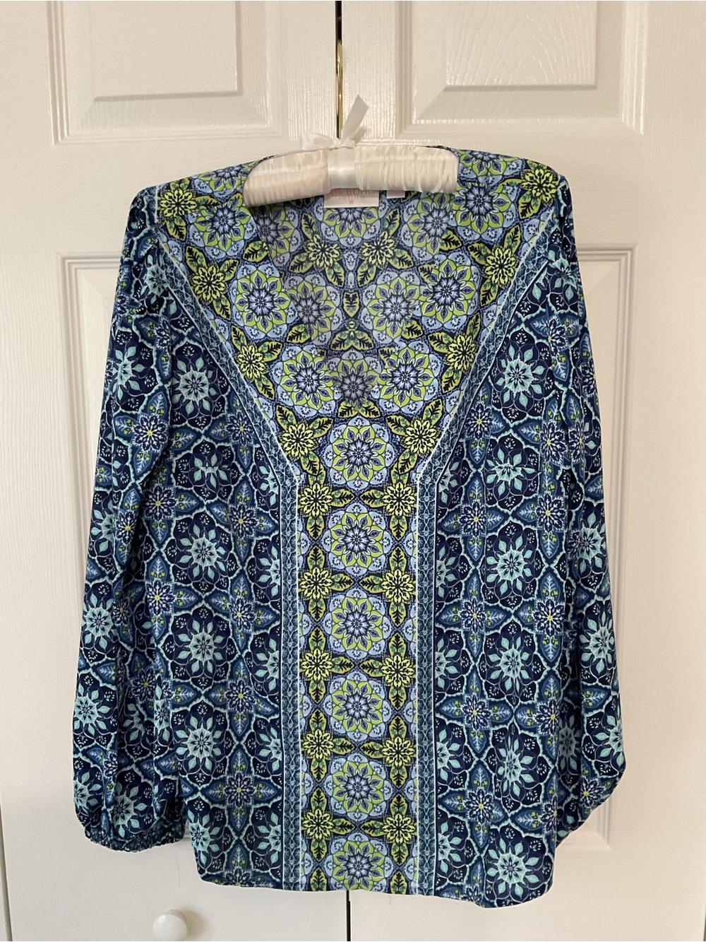 Kim Gravel Semi Sheer Boho-Print V-Neck Peasant Top in Navy and Lime